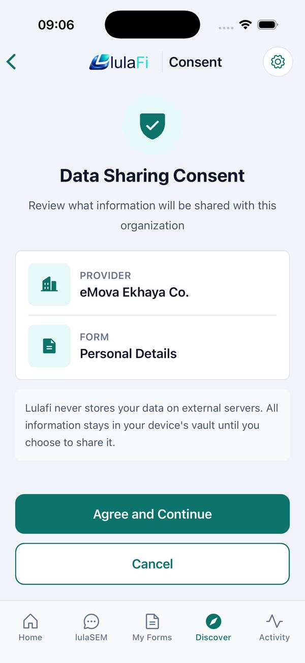 Consent → vault PIN (first time only) → auto-filled form