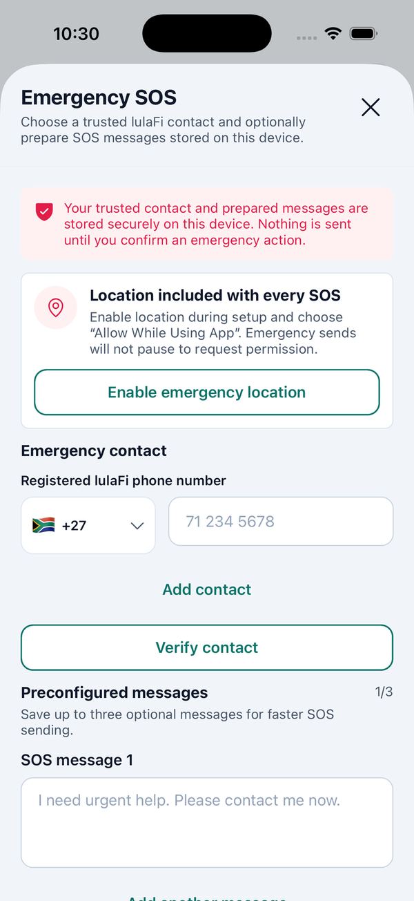 Send Emergency SOS, and the setup screen