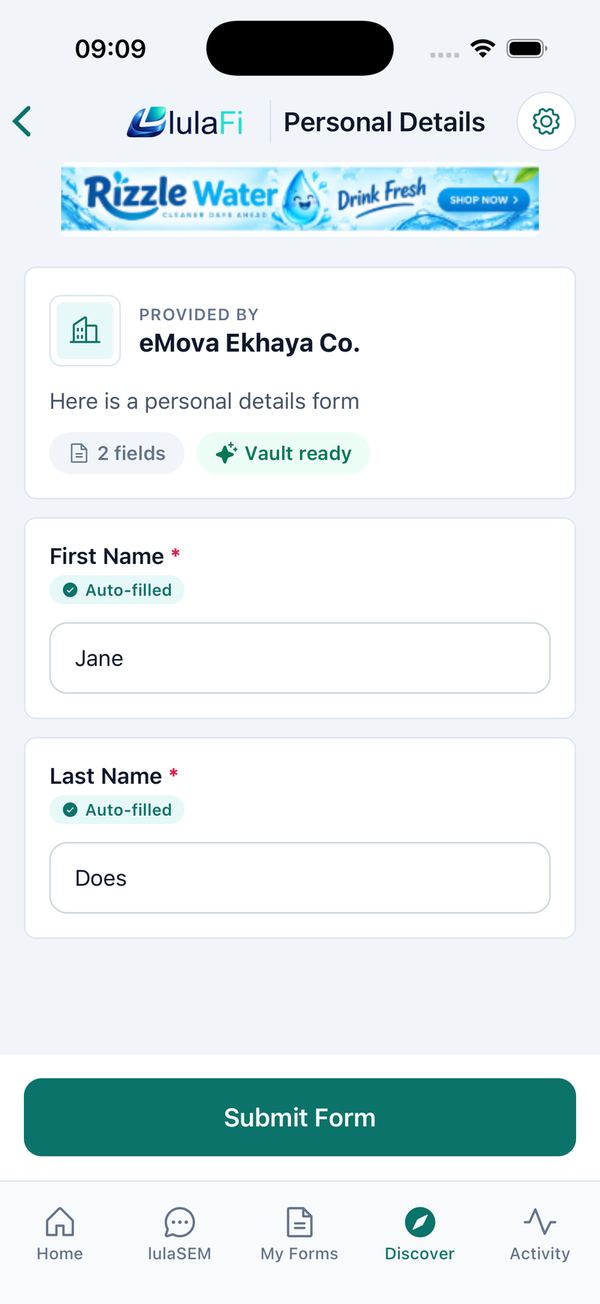 Consent → vault PIN (first time only) → auto-filled form