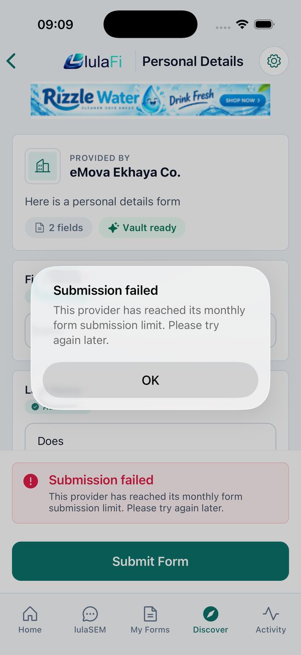 Submission failed — provider over its monthly limit