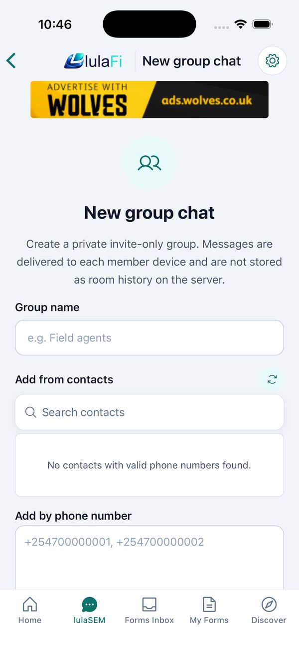 A form conversation and the New group chat screen